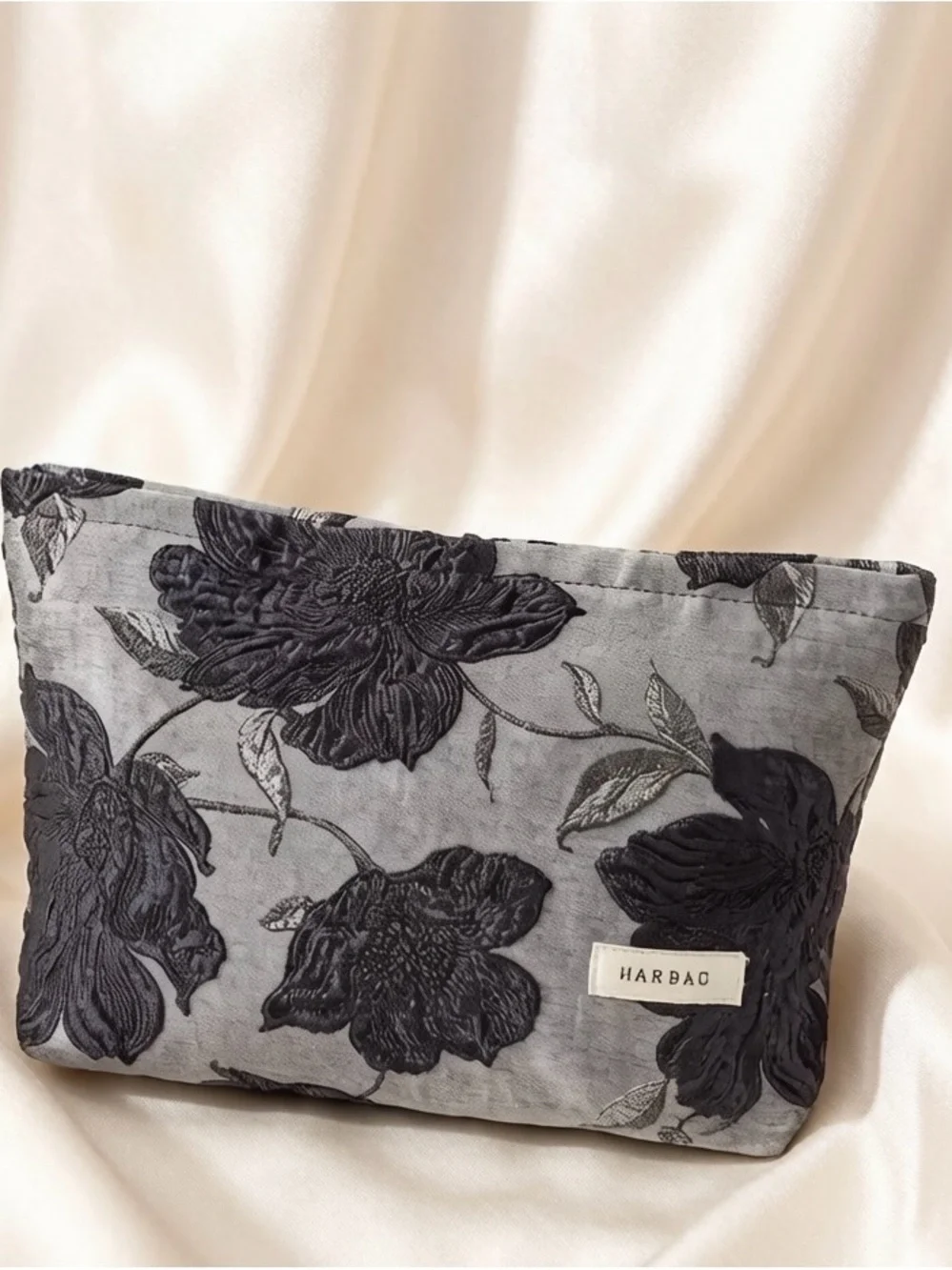 Gray Floral Embroidered Cosmetic Bag